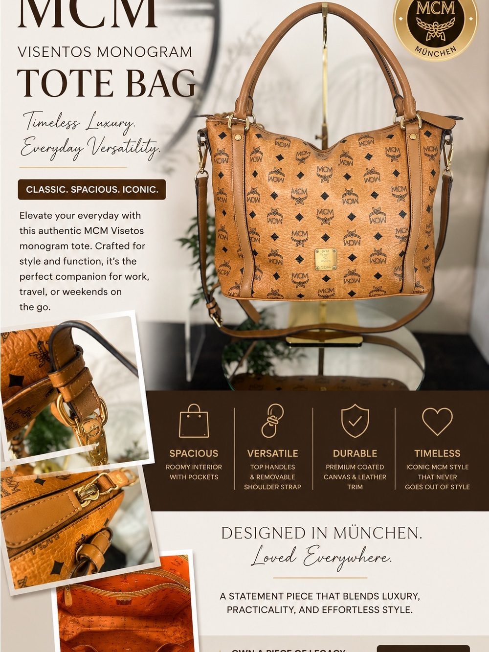 MCM Cognac Visetos Monogram Tote Bag Crossbody Shoulder - Picture 2 of 16